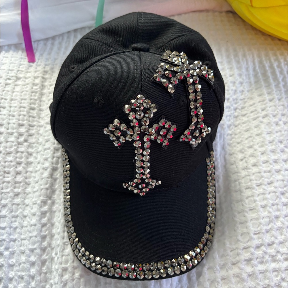 Y2K Bling Black Rhinestone Cross Cap